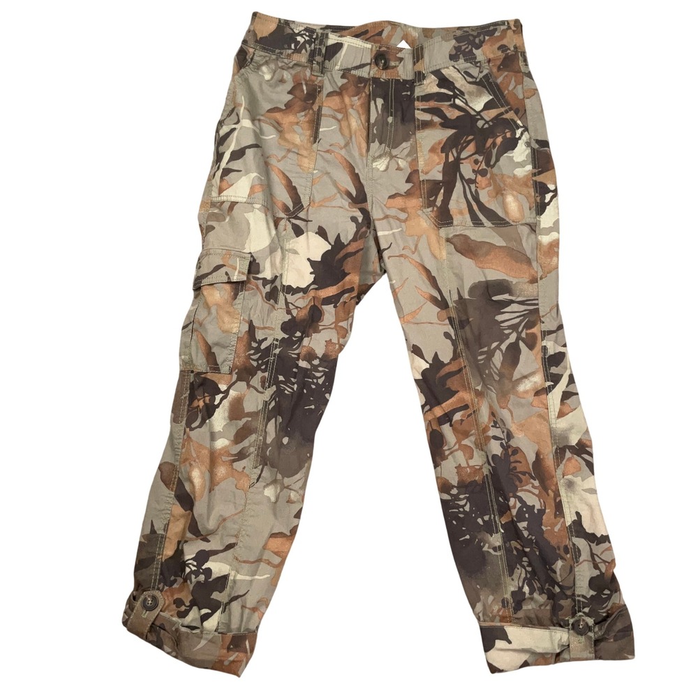 Chico's Cargo Pants Women 00 US 2 Green Camo Roll Tab Cropped Mid Rise Utility
